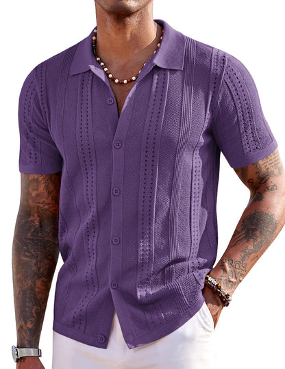 HOTCOOFANDY Men's Knit Shirts Short Sleeve Button Down Polo Shirt Fashion Casual Summer Beach Shirts