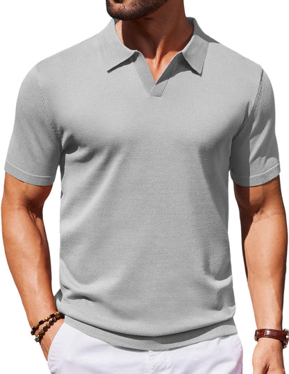 HOTCOOFANDY Men's V Neck Short Sleeve Stretch Knit Polo Shirt