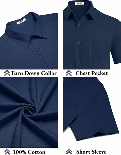 HOTCOOFANDY Men's Button Down Short Sleeve Shirt Casual Cotton Summer Beach Linen Wedding Shirts with Pocket