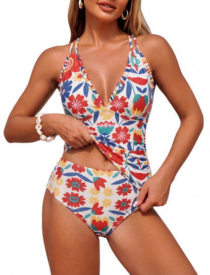 HOTZAFUL Womens Tankini Swimsuits Smocked 2 Piece Bathing Suits Modest Tie Back Swimwear