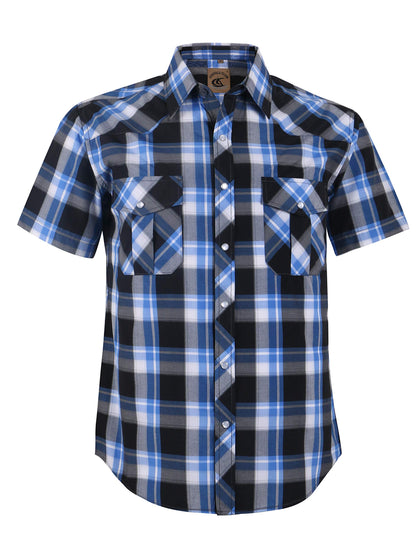HOTCOEVALS CLUB Men's Western Cowboy Short Sleeve Pearl Snap Casual Plaid Work Shirts