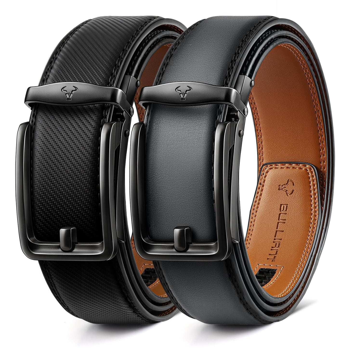 HOTBULLIANT Men Ratchet Belt 2 Pack, Click Sliding Leather Belt Adjustable for Gift Men Dress Casual Jeans 1 3/8,Cut for Fit