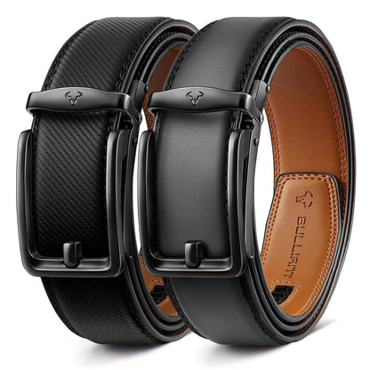 HOTBULLIANT Men Ratchet Belt 2 Pack, Click Sliding Leather Belt Adjustable for Gift Men Dress Casual Jeans 1 3/8,Cut for Fit