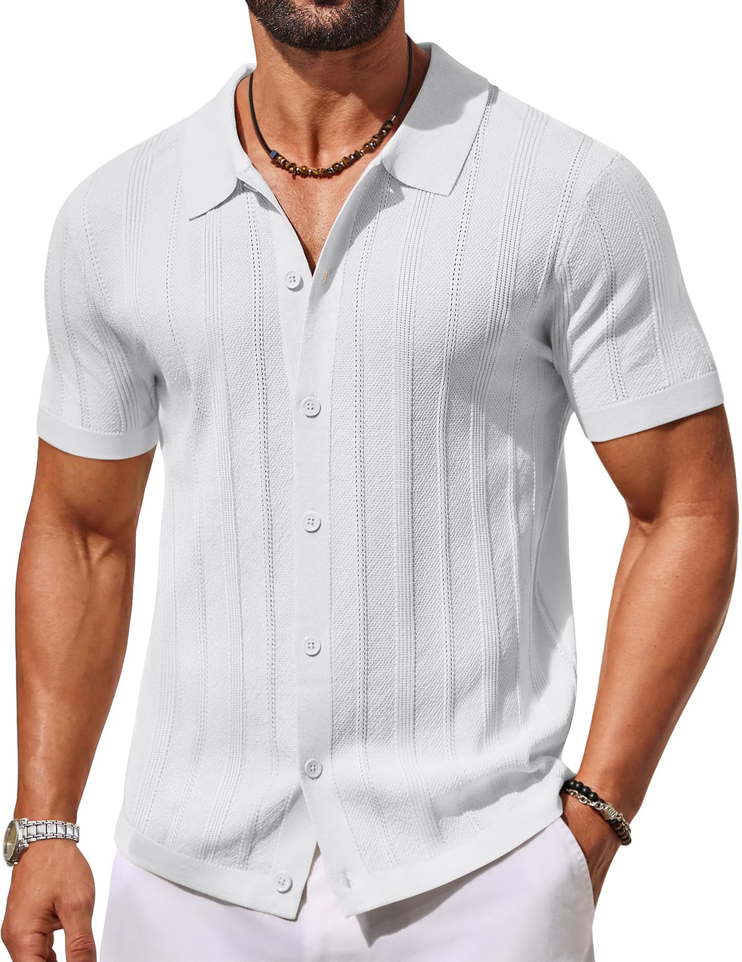 HOTCOOFANDY Men's Knit Button Down Shirts Short Sleeve Polo Shirt Casual Vacation Summer Beach Shirts