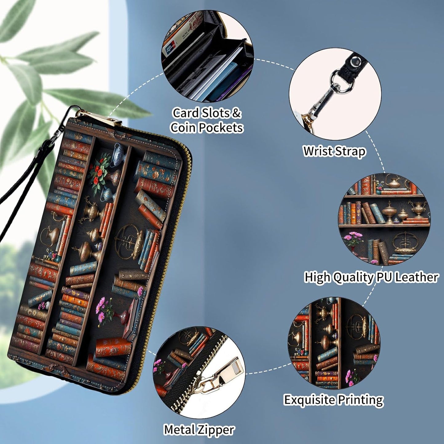 HOTWristlet Wallets for Women,Ladies Women's Wallet,Clutch Purses for Female Leather Large Capacity Credit Card Holder with Zipper Slim Cute Coin Pocket,RFID Blocking,Vintage Bookshelf