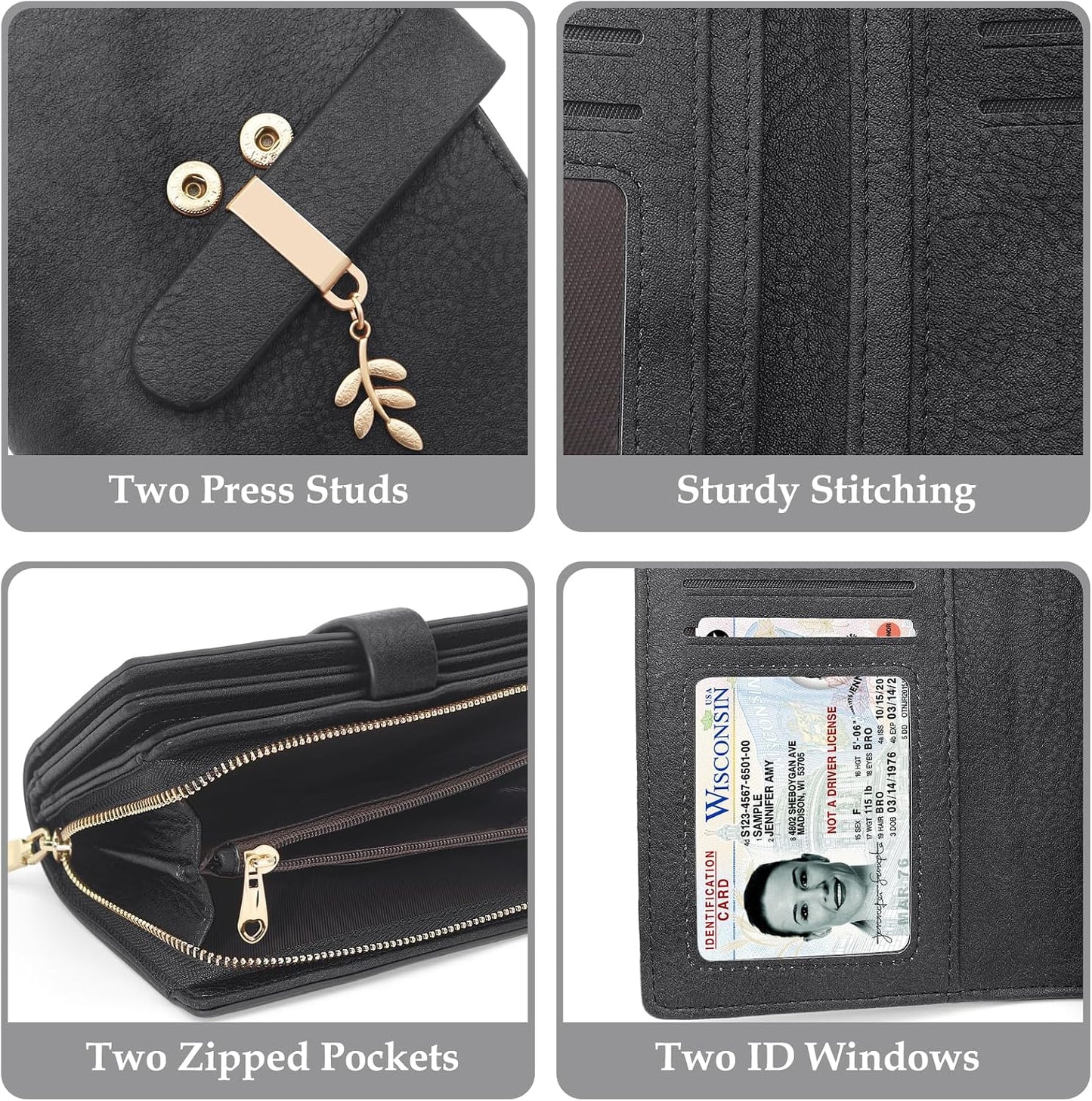 HOTWomen Trifold RFID Blocking Wallet, PU Leather Large Capacity Card Holder Ladies Wallet with Clear ID Window for Daily Travel Black