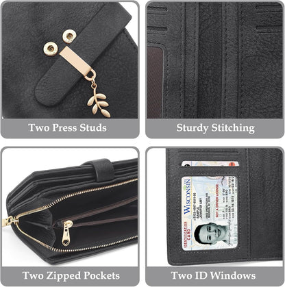 HOTWomen Trifold RFID Blocking Wallet, PU Leather Large Capacity Card Holder Ladies Wallet with Clear ID Window for Daily Travel Black
