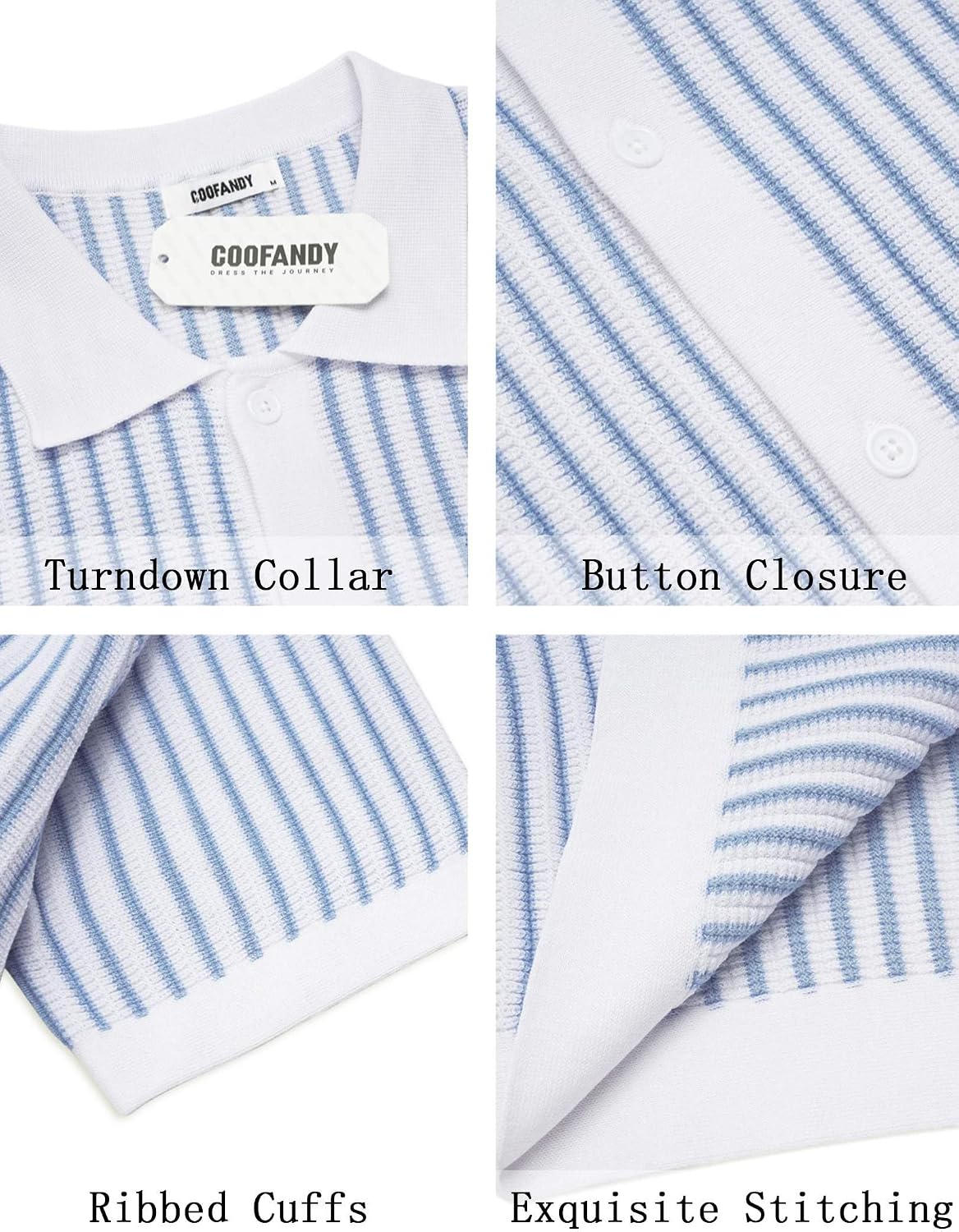 HOTCOOFANDY Mens Knit Button Down Shirts Short Sleeve Polo Shirt Vintage Striped Casual Shirts