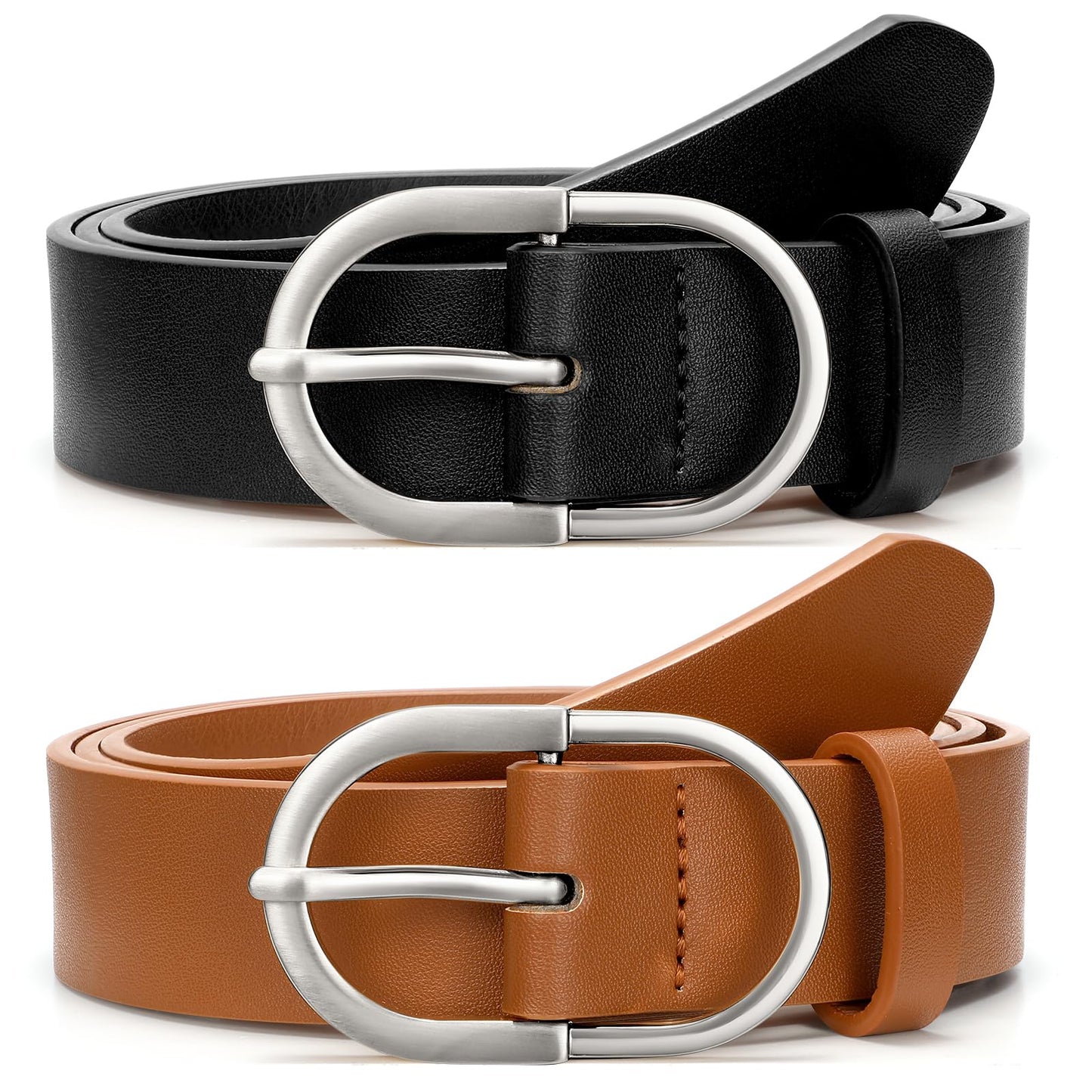 HOTVONMELLI 2 Pack Women's Leather Belts for Jeans Dresses Fashion Gold Buckle Ladies Belt