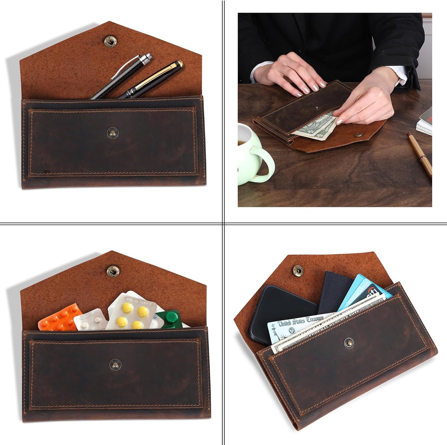 HOTBrown Leather Cash Envelopes for Money - Small Money Pouch With Mobile Holder, Handmade Leather Wallets Currency Holder - Money Organizer for Cash Money Bag for Travel Wallets for Women