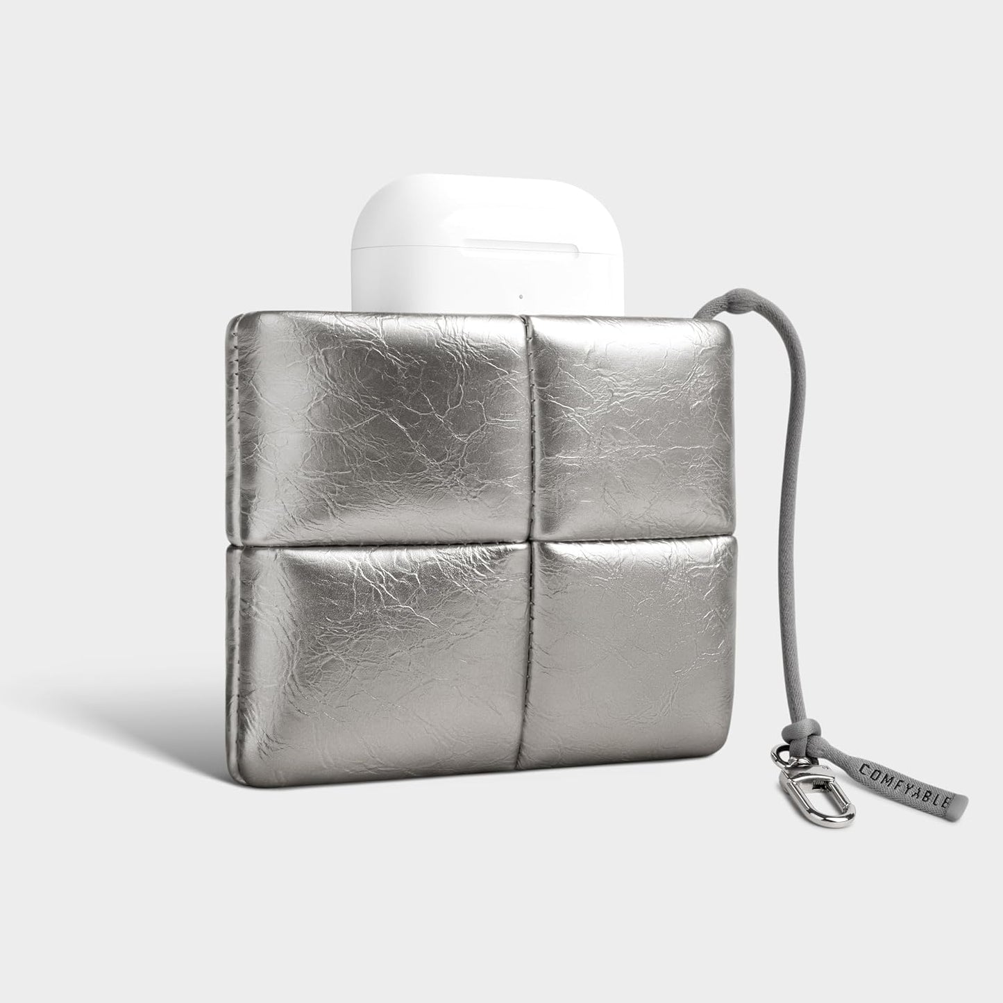 HOTComfyable Cute Puffy Coin Purse Pouch Change Holder For Women, Small Organizer with Hidden Lanyard, Magnetic Closure, Water-repellent, Storage for Coins, Airpods, Lipstick, Card, Silver