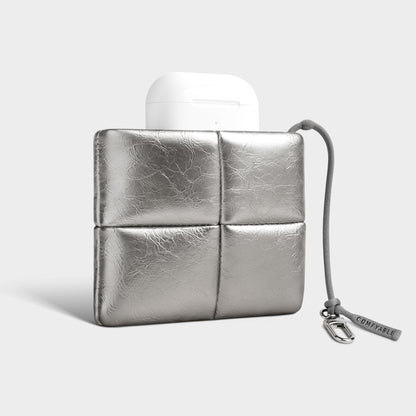 HOTComfyable Cute Puffy Coin Purse Pouch Change Holder For Women, Small Organizer with Hidden Lanyard, Magnetic Closure, Water-repellent, Storage for Coins, Airpods, Lipstick, Card, Silver