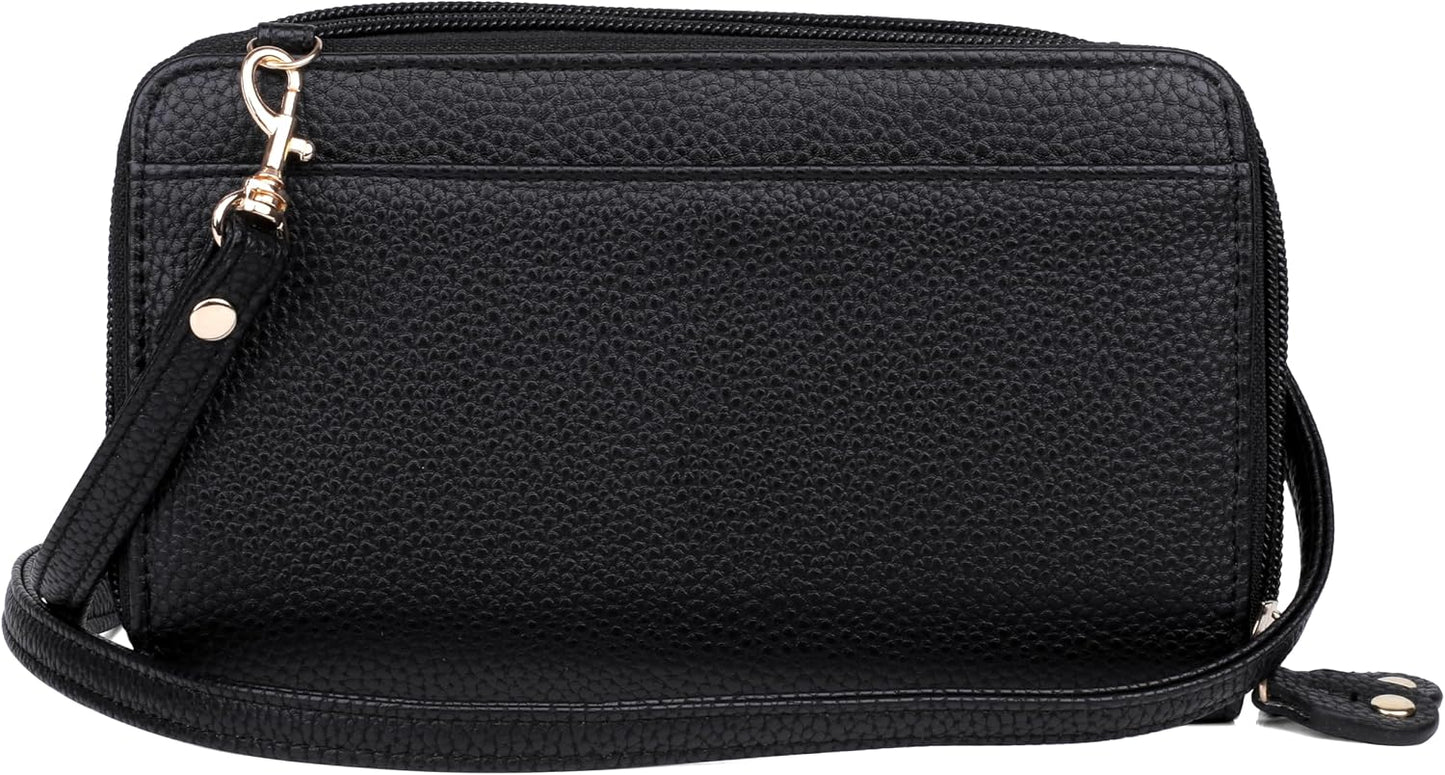 HOTJulia Buxton RFID Blocking Wallet on a String for Women - Compact Crossbody Bag with Removable Wristlet Strap, 15 Card Slots & Multiple Zip Pockets, Black