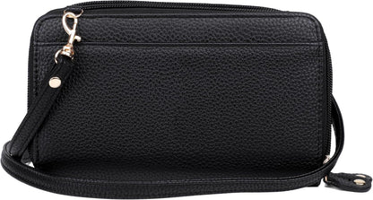 HOTJulia Buxton RFID Blocking Wallet on a String for Women - Compact Crossbody Bag with Removable Wristlet Strap, 15 Card Slots & Multiple Zip Pockets, Black
