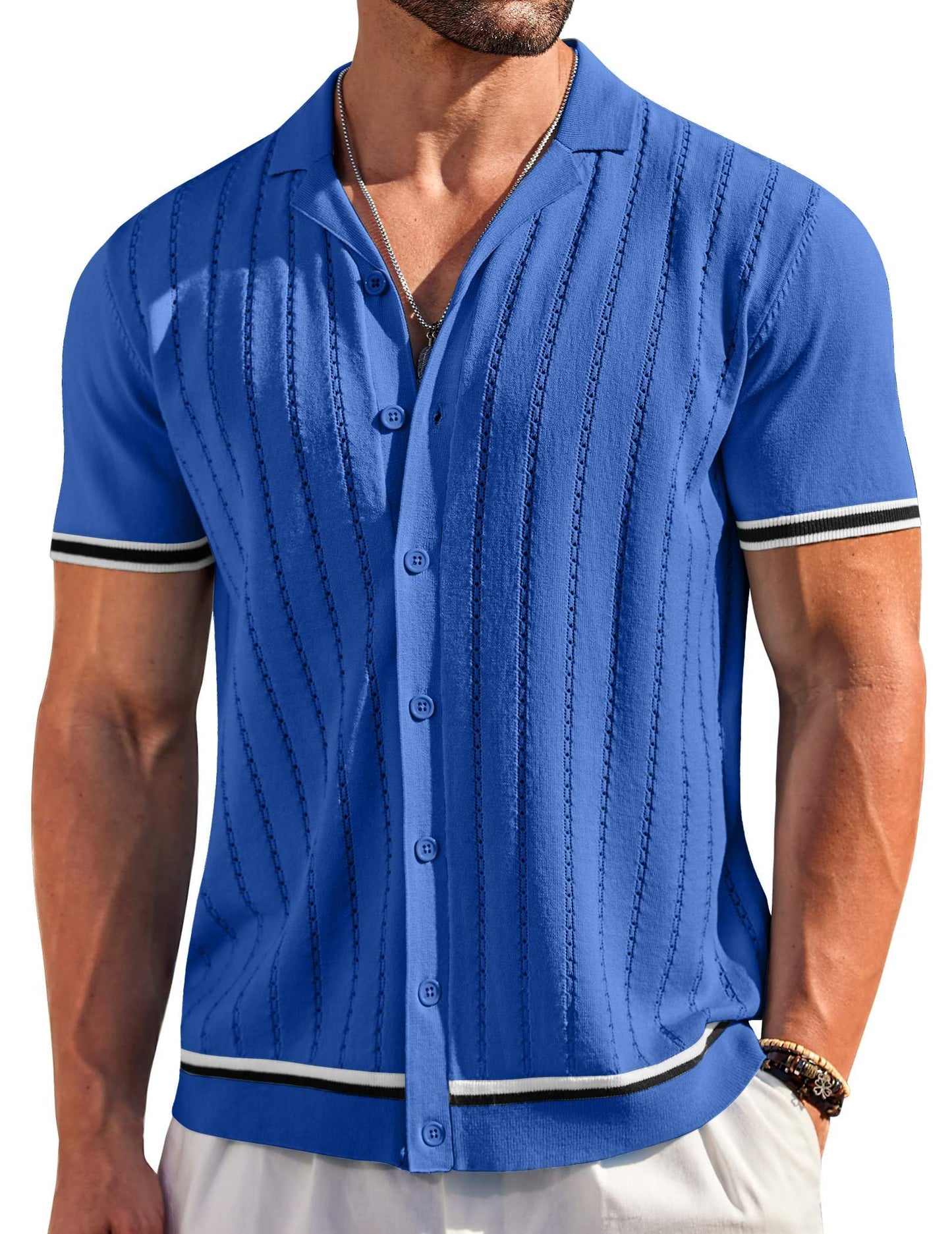 HOTCOOFANDY Men's Short Sleeve Knit Shirt Casual Button Down Shirt Vintage Striped Knitted Golf Beach Tops