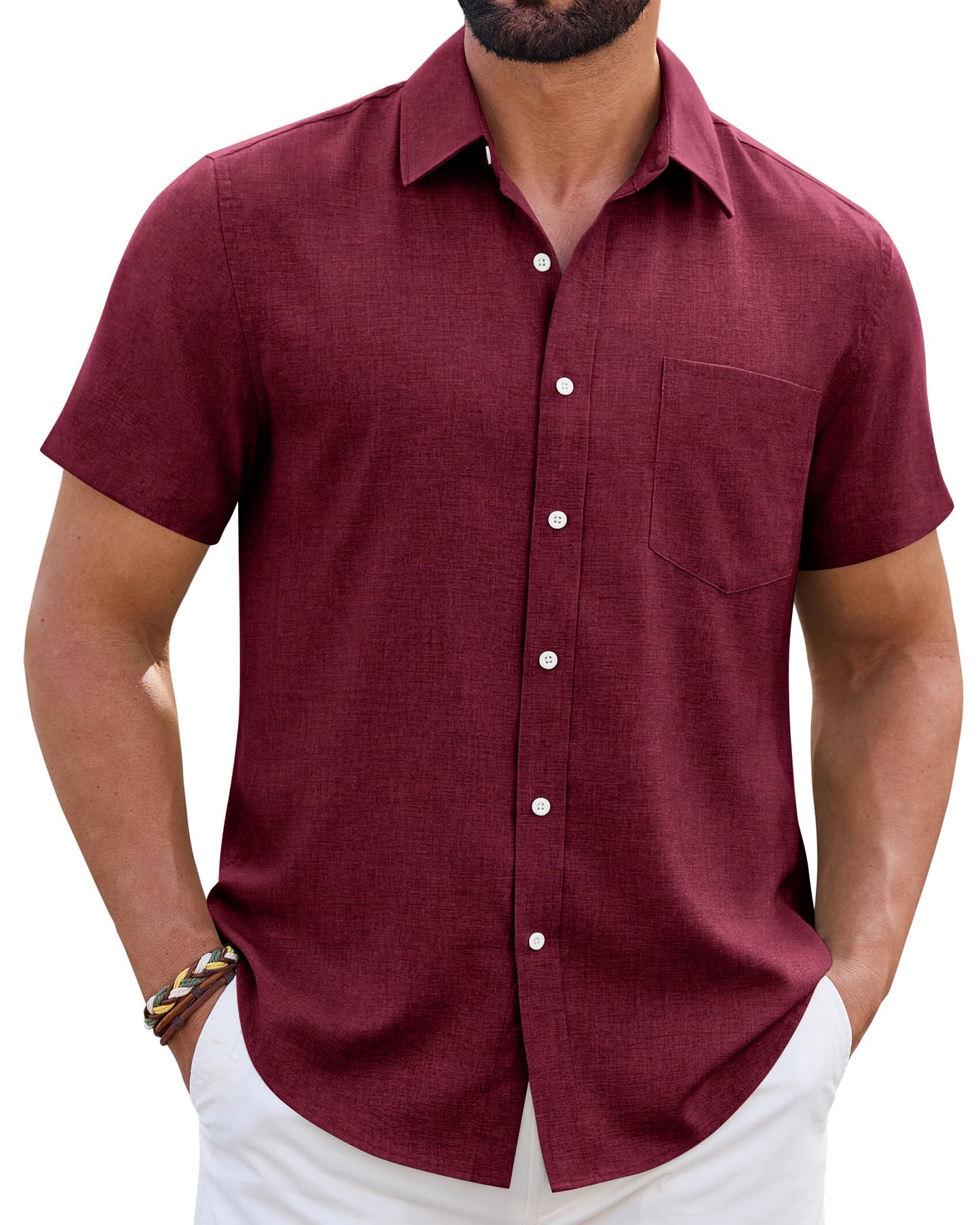 HOTMens Linen Shirt Short Sleeve Wrinkle Free Casual Untucked Button Down Shirts Beach Breathable Tops Summer