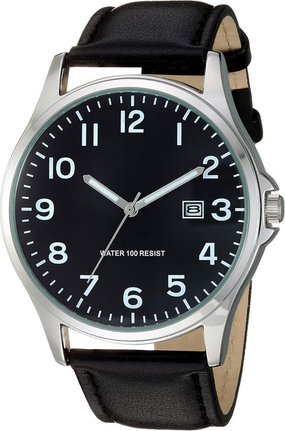 HOTAmazon Essentials Men's Easy to Read 42mm Leather Band Analog Watch