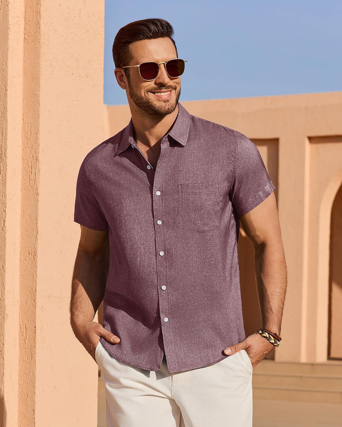 HOTMens Linen Shirt Short Sleeve Wrinkle Free Casual Untucked Button Down Shirts Beach Breathable Tops Summer