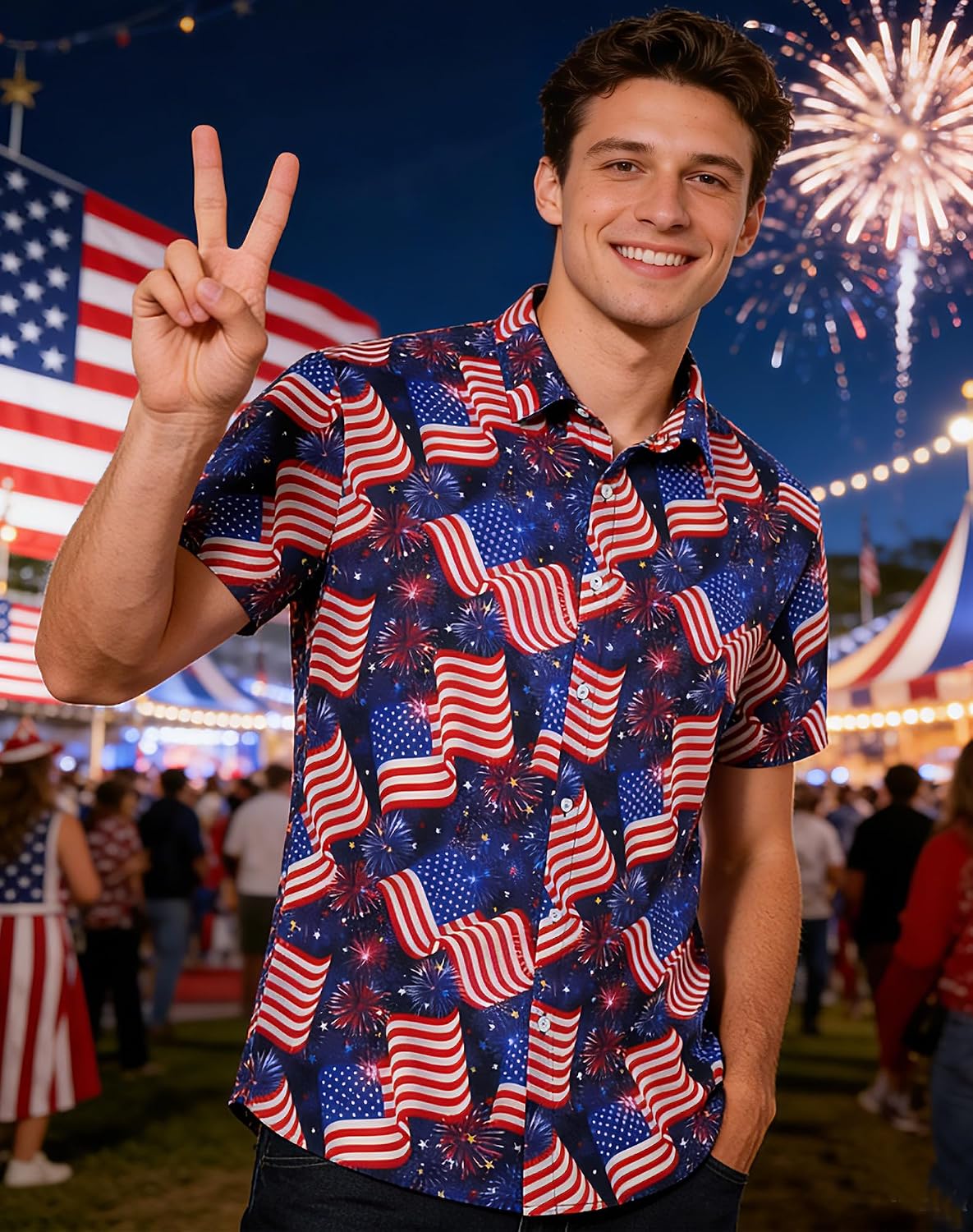 HOTuideazone Mens 4th of July American Flag Patriotic Shirt M-XXL | USA Short Sleeve Button Up Shirt for Independence Day, Memorial Days, Flag Day, 4th of July Parties, Beach Trips and Daily