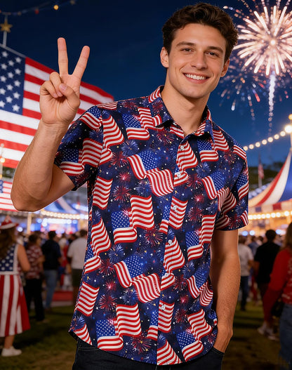 HOTuideazone Mens 4th of July American Flag Patriotic Shirt M-XXL | USA Short Sleeve Button Up Shirt for Independence Day, Memorial Days, Flag Day, 4th of July Parties, Beach Trips and Daily