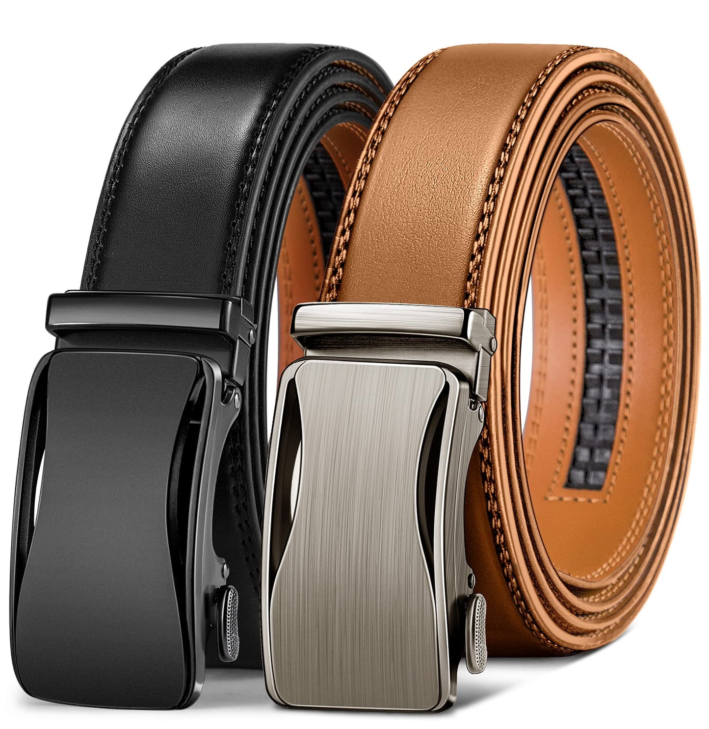 HOTKEMISANT Men's Ratchet Leather Belt 2Pack-Trimmable 1 3/8“-Gift Boxed | Smooth Sliding | Micro Adjustable Fit | Tailored Size | Holeless Understated Elegance