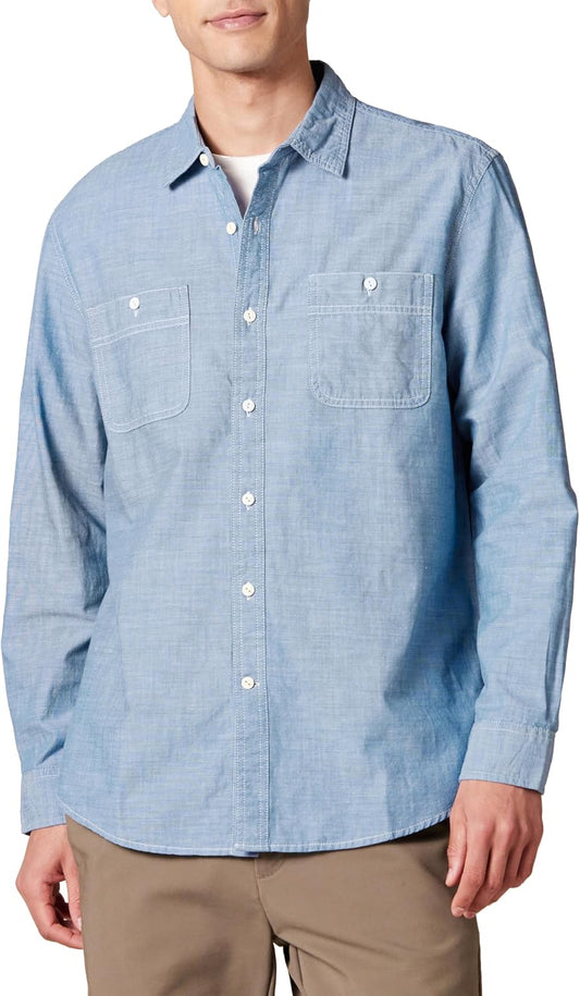 HOTAmazon Essentials Men's Regular-Fit Long-Sleeve Lightweight Cotton Chambray Shirt with Pockets