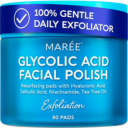 HOTMAREE Glycolic Acid Pads - Toner Pads for Face Cleansing - Exfoliating Pad with Tea Tree Oil, Salicylic Acid & Vitamins E, B3, B5 - Facial Polishes & Peels, Skin Pore Resurfacing & Radiance - 50 Count