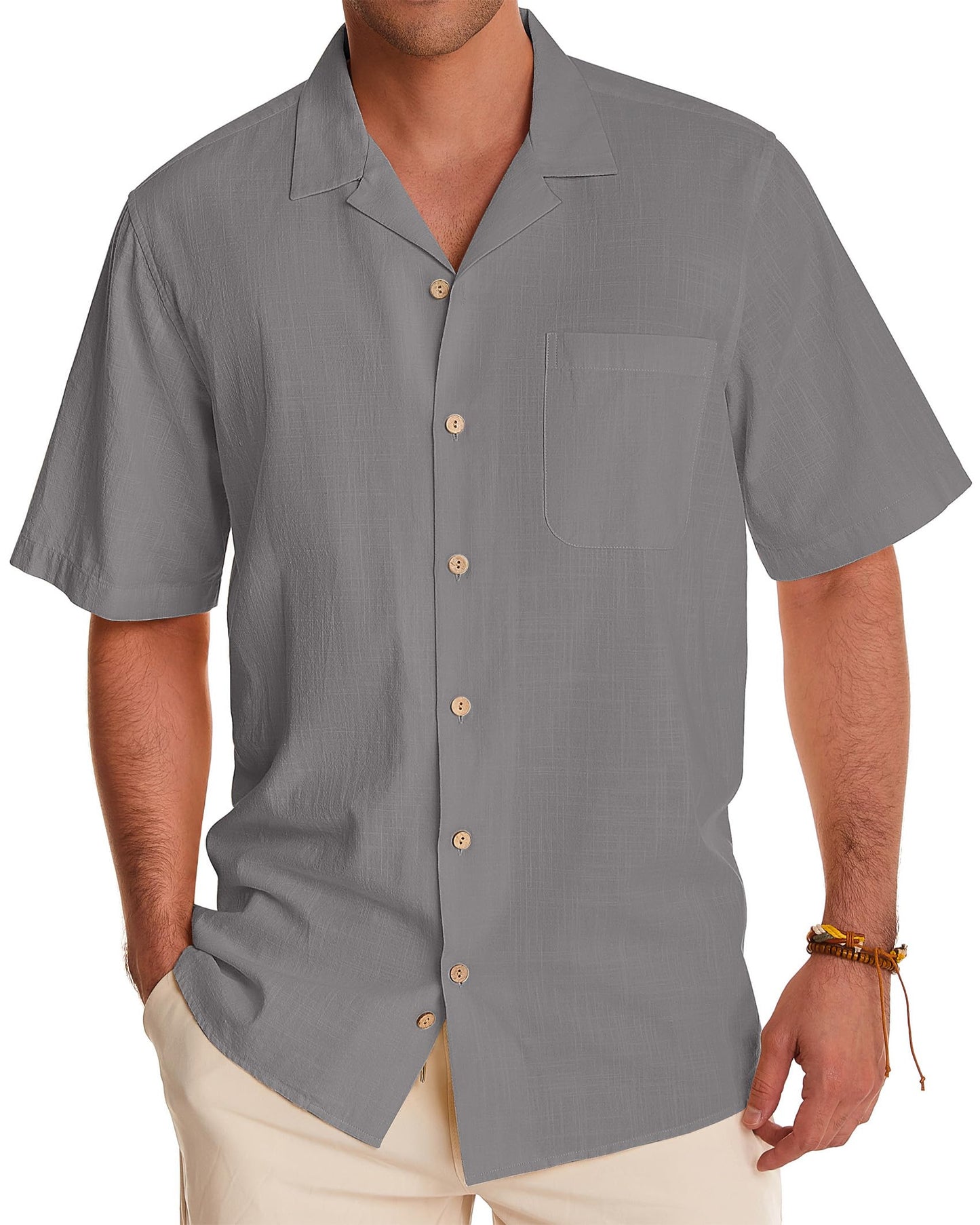 HOTAlimens & Gentle Mens Linen Shirts Cotton Hawaiian Shirts Short Sleeve Button Down Shirts Casual Summer Beach Tops