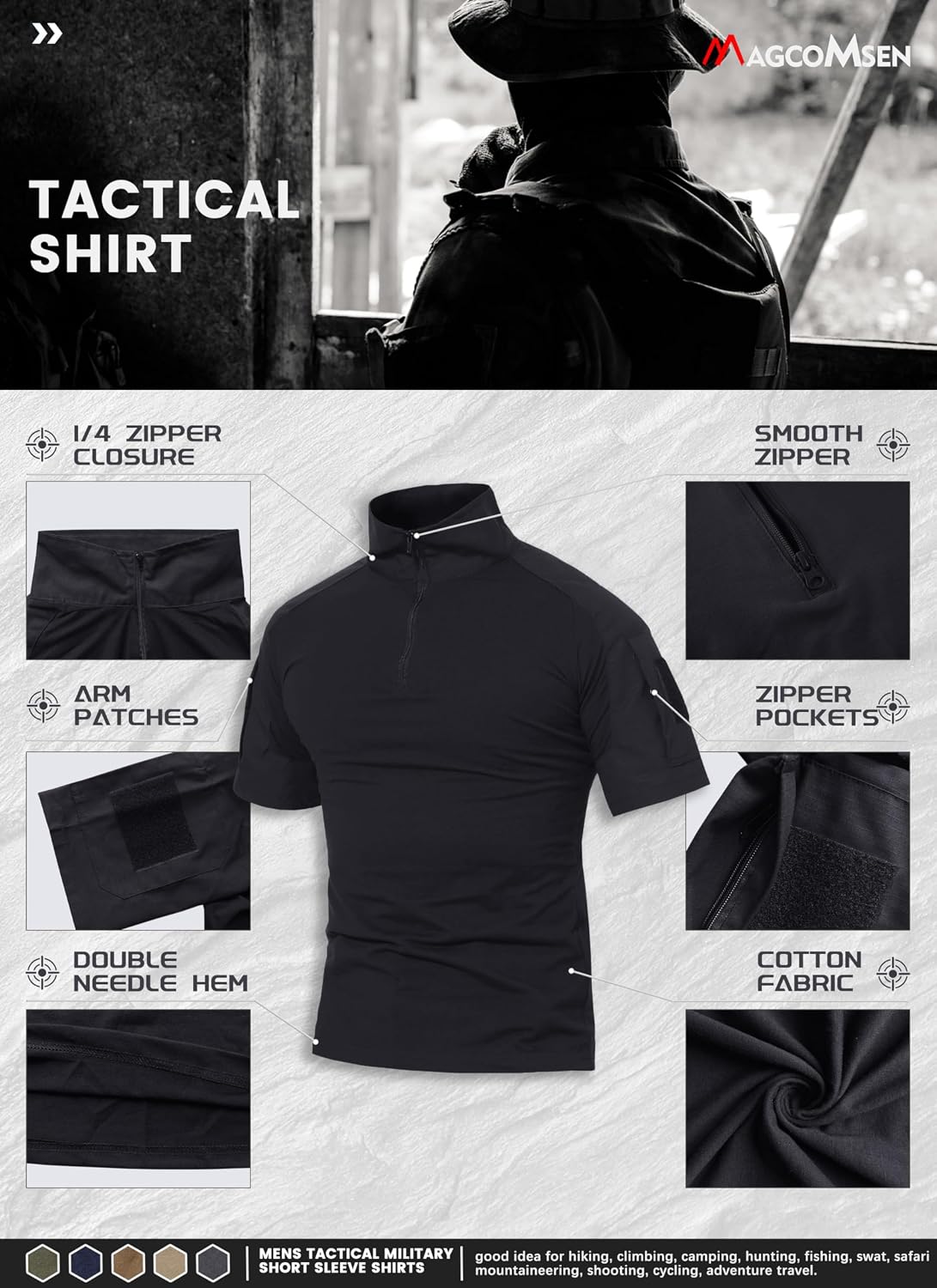 HOTMAGCOMSEN Men's Tactical Military Shirts 1/4 Zip Short Sleeve Slim Fit | Combat, Work, Hiking, Camping, Outdoor, Army Shirt