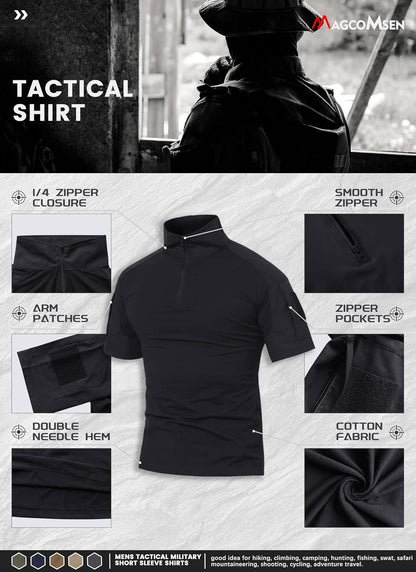 HOTMAGCOMSEN Men's Tactical Military Shirts 1/4 Zip Short Sleeve Slim Fit | Combat, Work, Hiking, Camping, Outdoor, Army Shirt