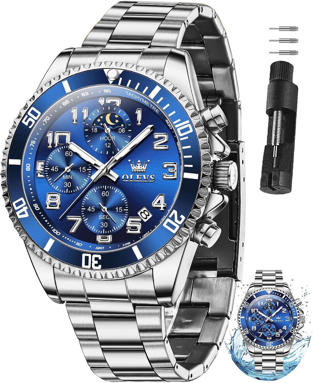 HOTOLEVS Watches for Men Stainless Steel Dress Men Watch with Date Big Face Chronograph Waterproof Luxury Fashion Watch Blue/Black/Gold/Green/Silver Face Relojes para Hombres