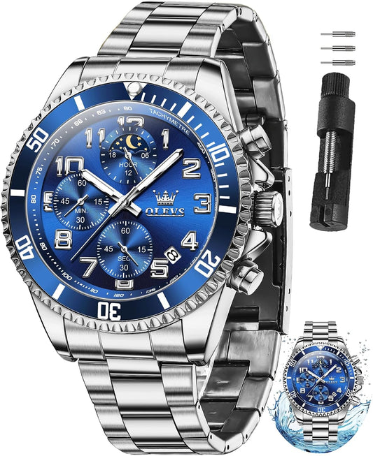 HOTOLEVS Watches for Men Stainless Steel Dress Men Watch with Date Big Face Chronograph Waterproof Luxury Fashion Watch Blue/Black/Gold/Green/Silver Face Relojes para Hombres