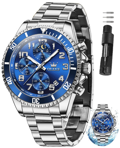 HOTOLEVS Watches for Men Stainless Steel Dress Men Watch with Date Big Face Chronograph Waterproof Luxury Fashion Watch Blue/Black/Gold/Green/Silver Face Relojes para Hombres