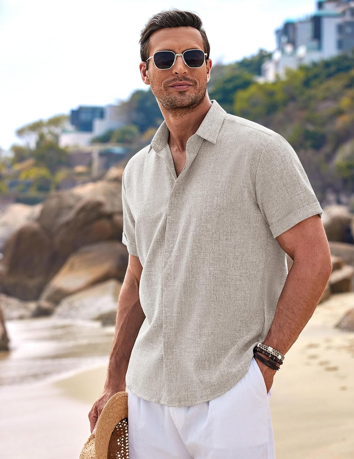 HOTCOOFANDY Men's Linen Shirts Short Sleeve Casual Shirts Button Down Shirt for Men Beach Summer Wedding Shirt