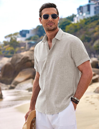 HOTCOOFANDY Men's Linen Shirts Short Sleeve Casual Shirts Button Down Shirt for Men Beach Summer Wedding Shirt