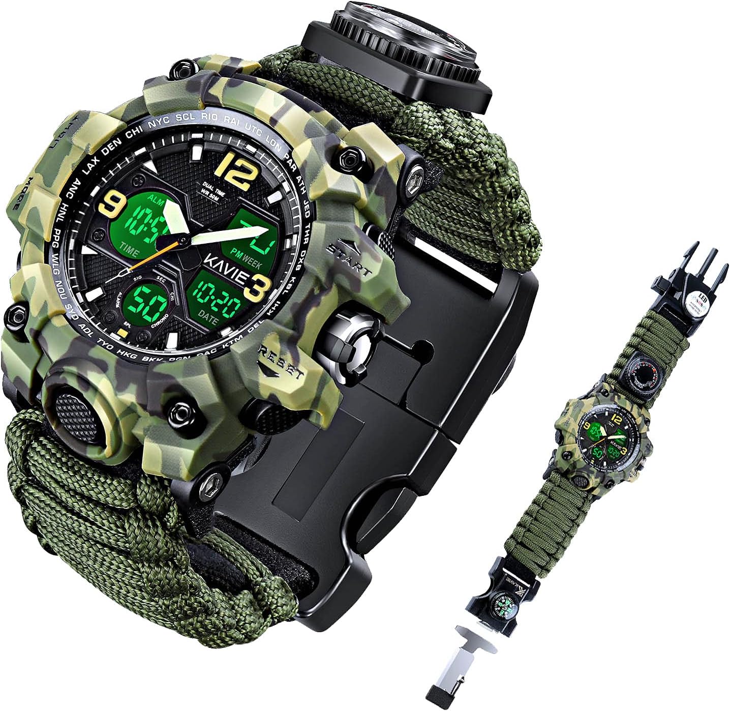 HOTMens Tactical Military Digital Watch, 23-in-1 Survival Multi-Functional Army Outdoors Waterproof Camouflage Sports Watches Dual Display Analog LED Electronic Wristwatches with Compass Paracord Band