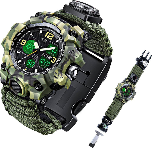 HOTMens Tactical Military Digital Watch, 23-in-1 Survival Multi-Functional Army Outdoors Waterproof Camouflage Sports Watches Dual Display Analog LED Electronic Wristwatches with Compass Paracord Band