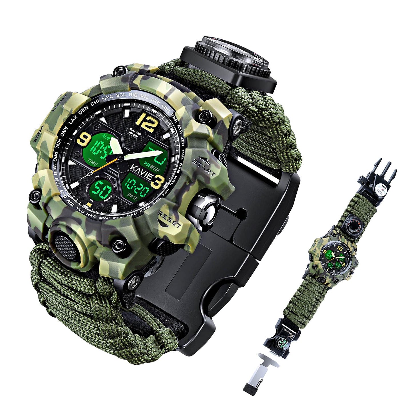 HOTMens Tactical Military Digital Watch, 23-in-1 Survival Multi-Functional Army Outdoors Waterproof Camouflage Sports Watches Dual Display Analog LED Electronic Wristwatches with Compass Paracord Band