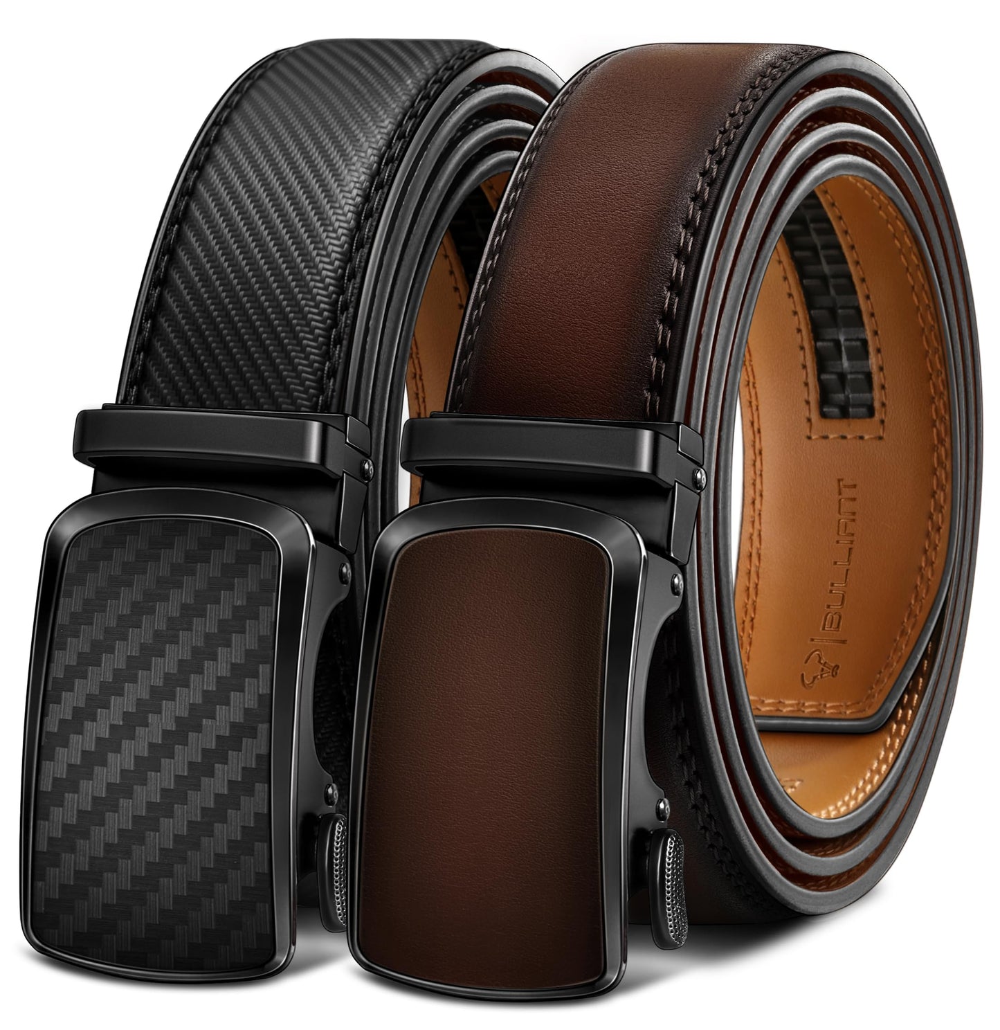 HOTBULLIANT Men's Ratchet Leather Belt Trimmable 2Pack 1 3/8"-Gift Boxed | Smooth Sliding | Precise Fit | Tailored Size | Holeless for Dress or Casual