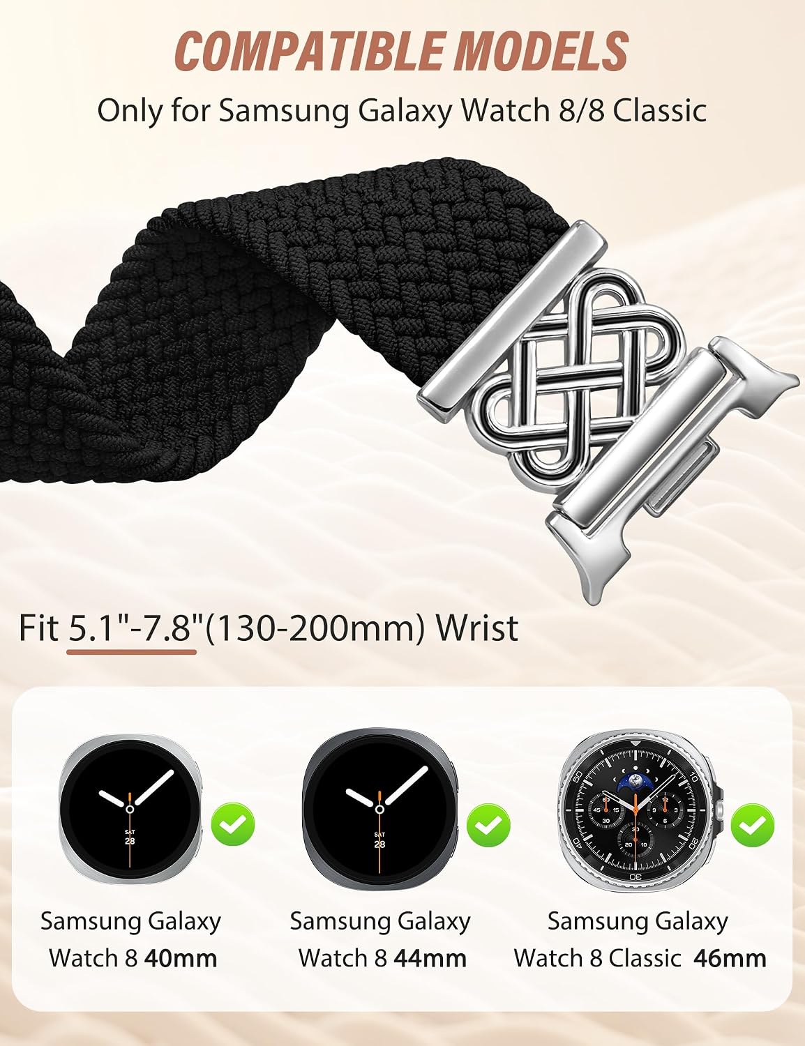 HOTBraided Magnetic Band Compatible with Samsung Galaxy Watch 8 40mm 44mm/8 Classic 46mm Women Men, Celtic Metal Stretchy Elastic Dressy Nylon Bracelet Strap, No for Galaxy Ultra/7/6/5/4/3/2/1