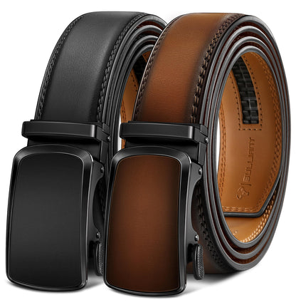HOTBULLIANT Men's Ratchet Leather Belt Trimmable 2Pack 1 3/8"-Gift Boxed | Smooth Sliding | Precise Fit | Tailored Size | Holeless for Dress or Casual
