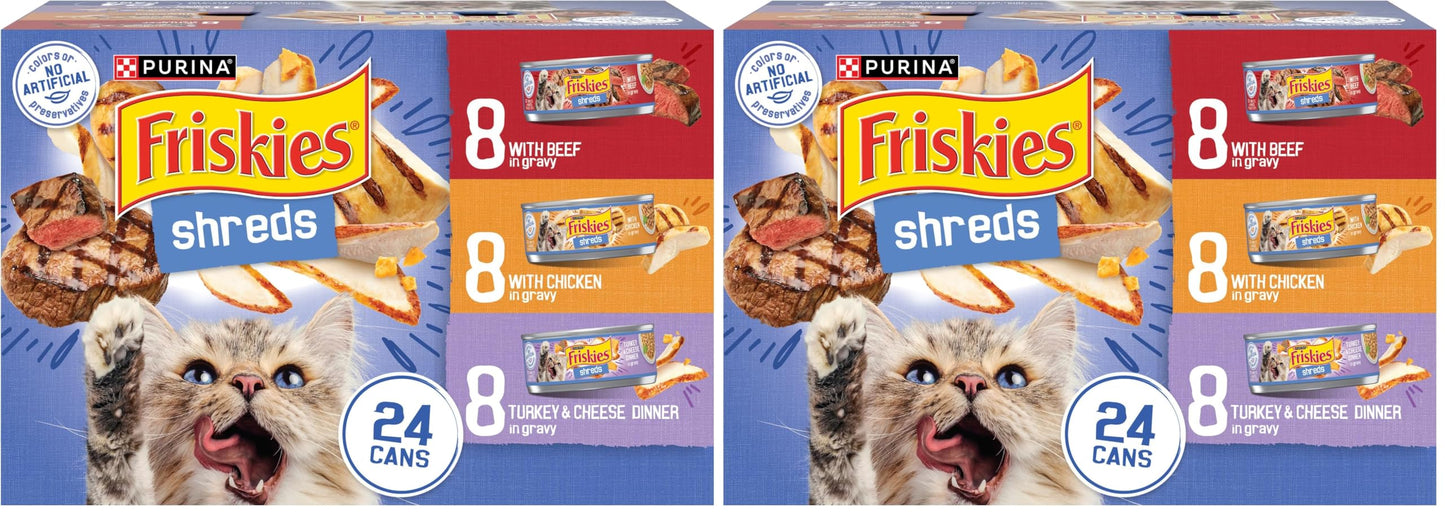 HOTPurina Friskies Gravy Wet Cat Food Variety Pack, Shreds With Beef, With Chicken, and Turkey and Cheese Dinner - (Pack of 24) 5.5 oz. Cans