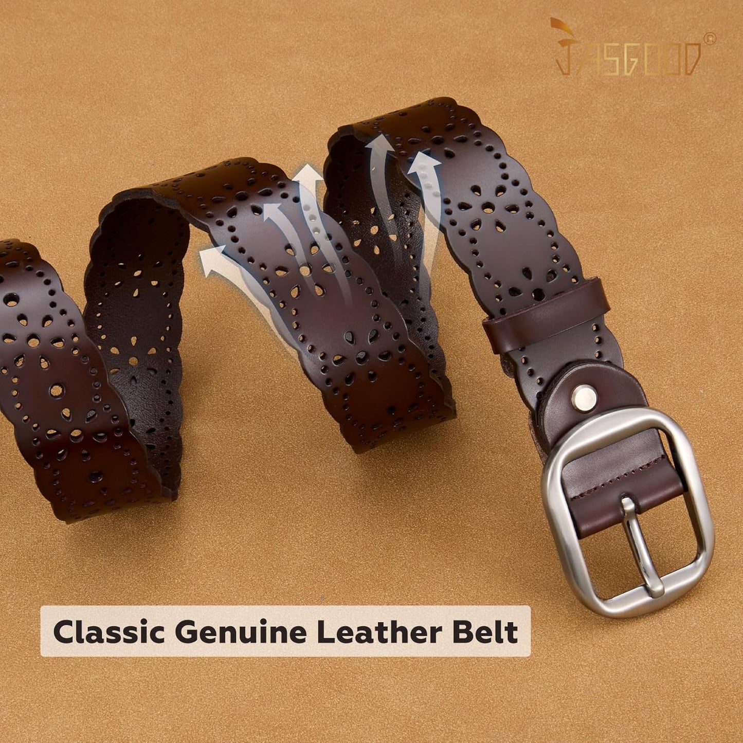 HOTJASGOOD Women's Hollow Flower Genuine Leather Belt for Jeans Pants Wide Belt for Ladies