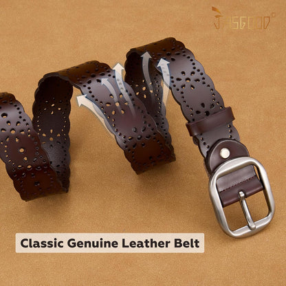 HOTJASGOOD Women's Hollow Flower Genuine Leather Belt for Jeans Pants Wide Belt for Ladies