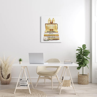 HOTStupell Industries 'Divine Golden Fashion Purse on Glam Designer Bookstack', Canvas Art, 24 x 30 Inches, Easy to Hang and Sturdy, Made in USA, by ROS Ruseva