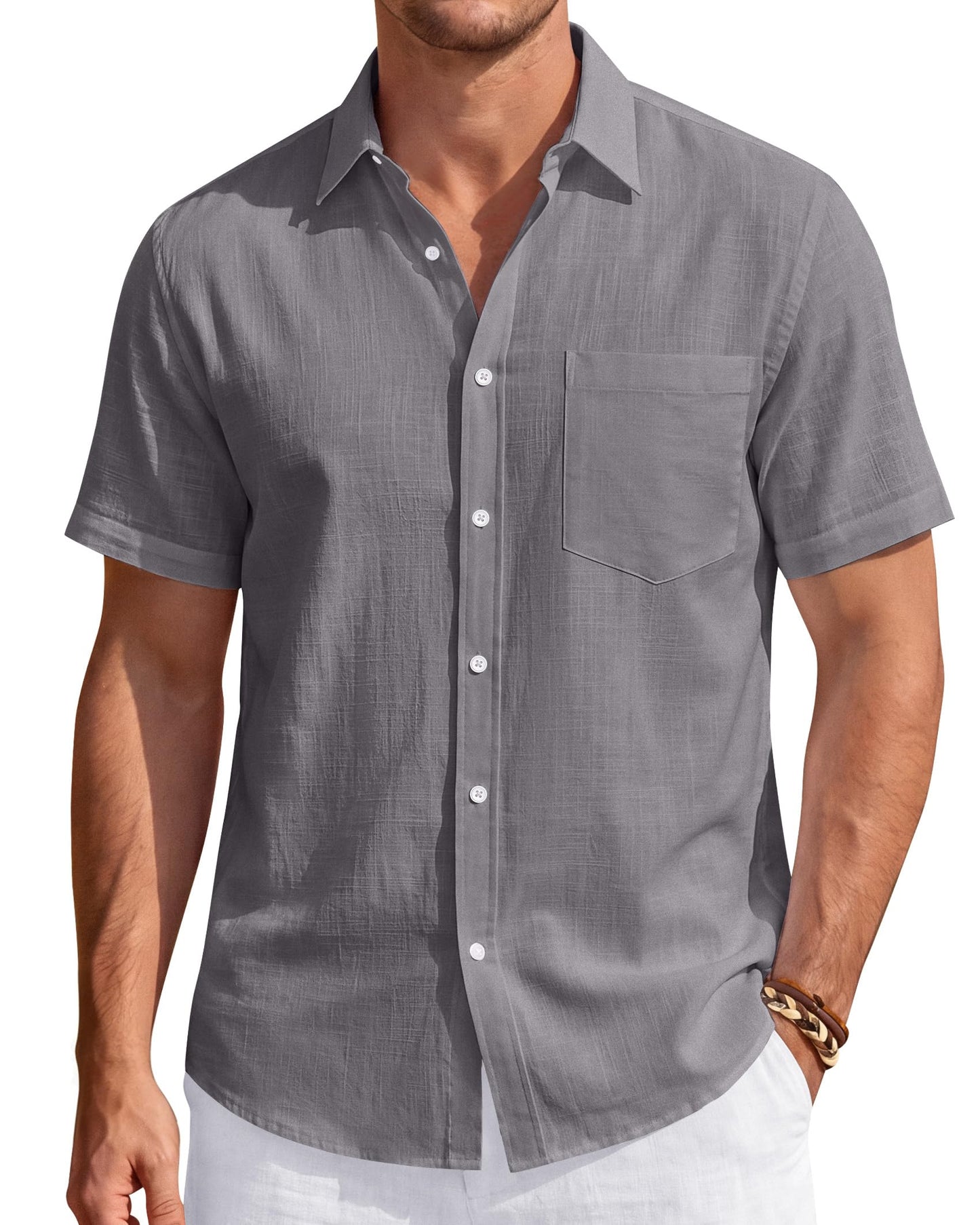 HOTJ.VER Mens Linen Shirt Short Sleeve Button Down Casual Summer Shirts | Cotton Linen, Untucked, Big Tall, from Beach Camp Vacation, Cruise Fishing, Work Office, to Wedding Party Family, with Pocket