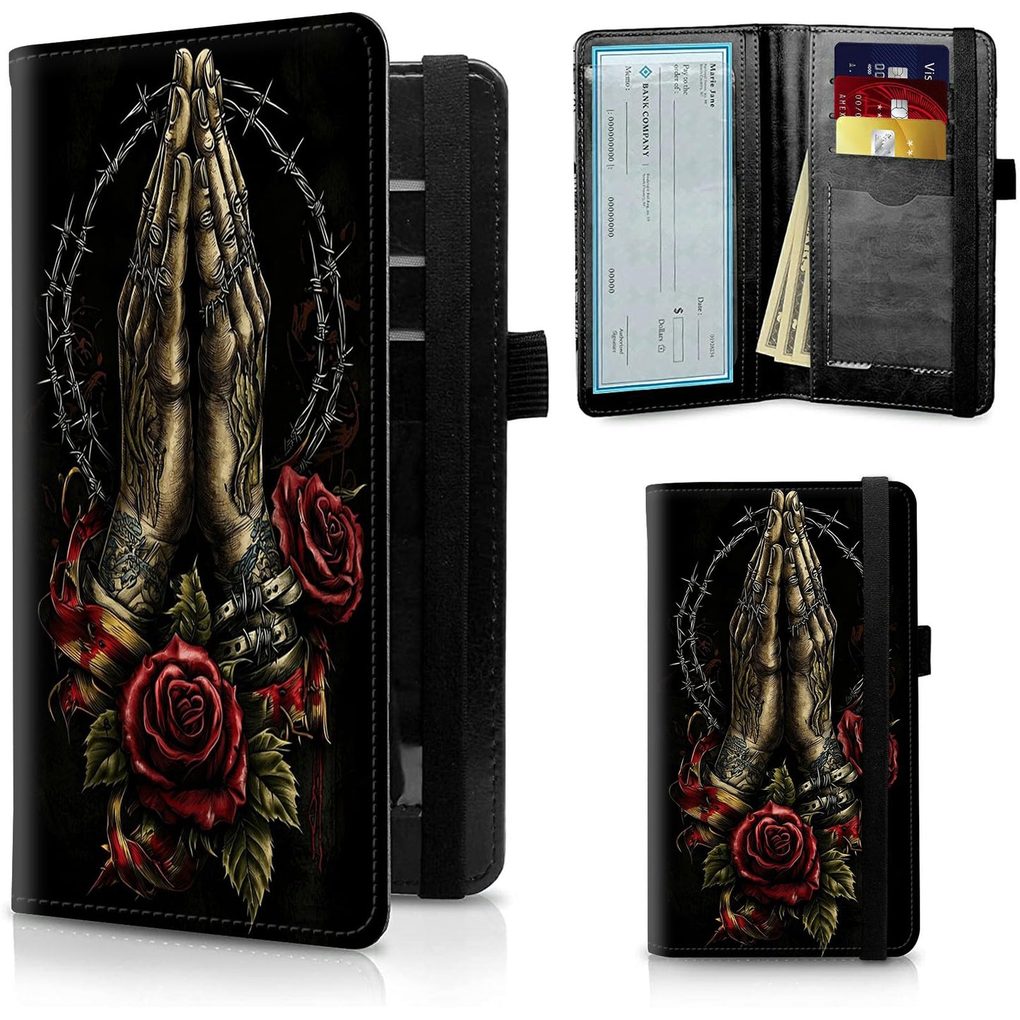 HOTFUYOCWE Leather Checkbook Covers for Men Women Check book Holder Cover Wallets for Personal Checkbook Duplicate Checks with RFID Blocking & Elastic Strap-Beautiful Black Horse