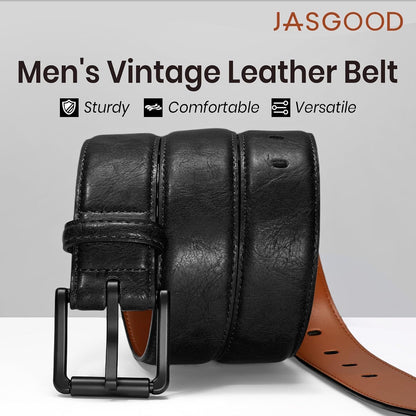 HOTJASGOOD TSA Approved Belt For Men Metal Free Hypoallergenic Vintage Leather Belt,Nickel Free Belt for Jeans with Black Buckle