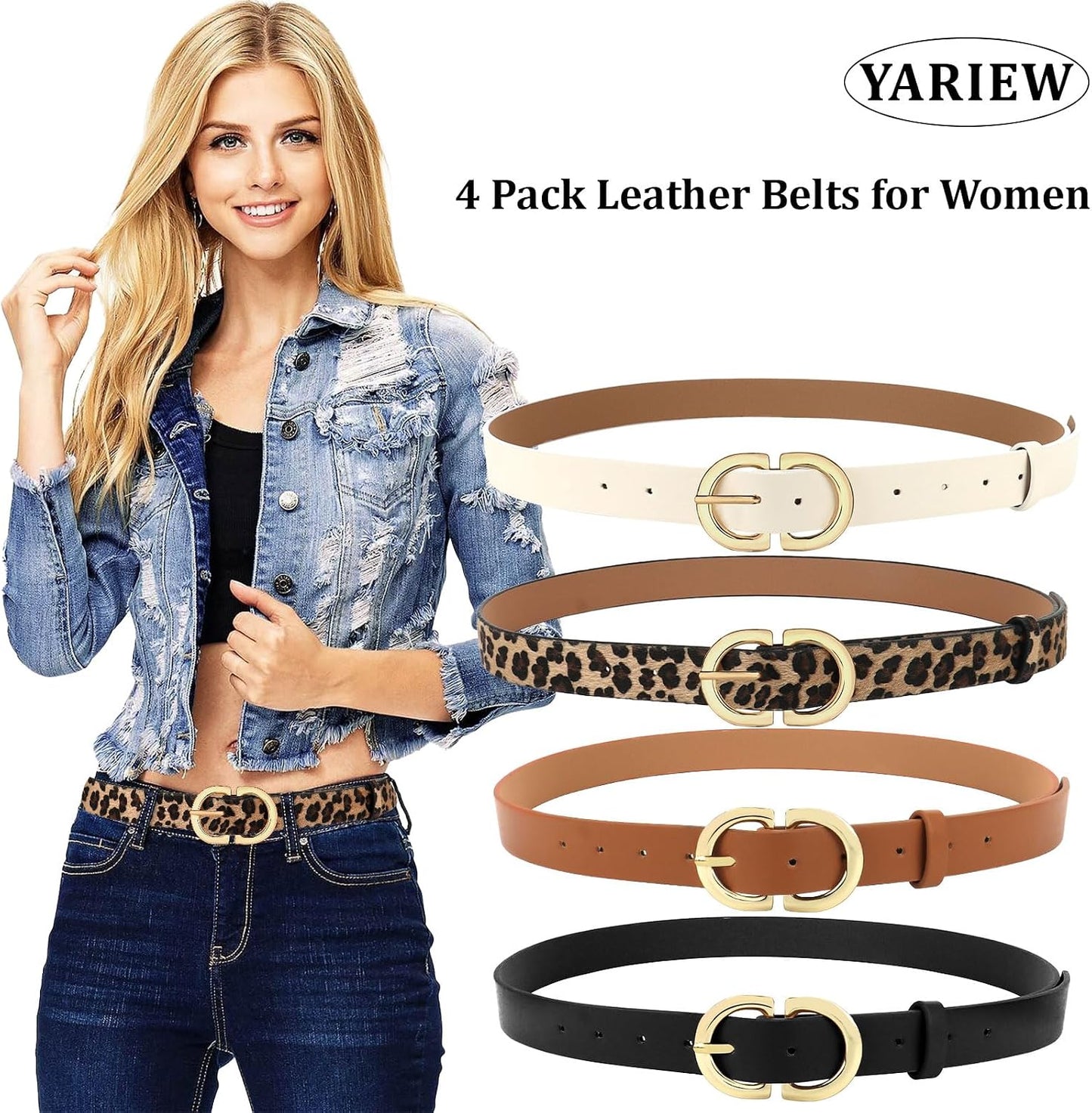 HOTYARIEW 4 Pack Leopard Belts for Women Leather Belts for Jeans Pants Ladies Dress Belt Waist Belt with Gold Buckle