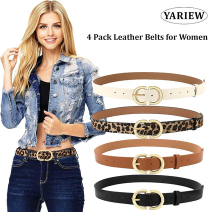 HOTYARIEW 4 Pack Leopard Belts for Women Leather Belts for Jeans Pants Ladies Dress Belt Waist Belt with Gold Buckle
